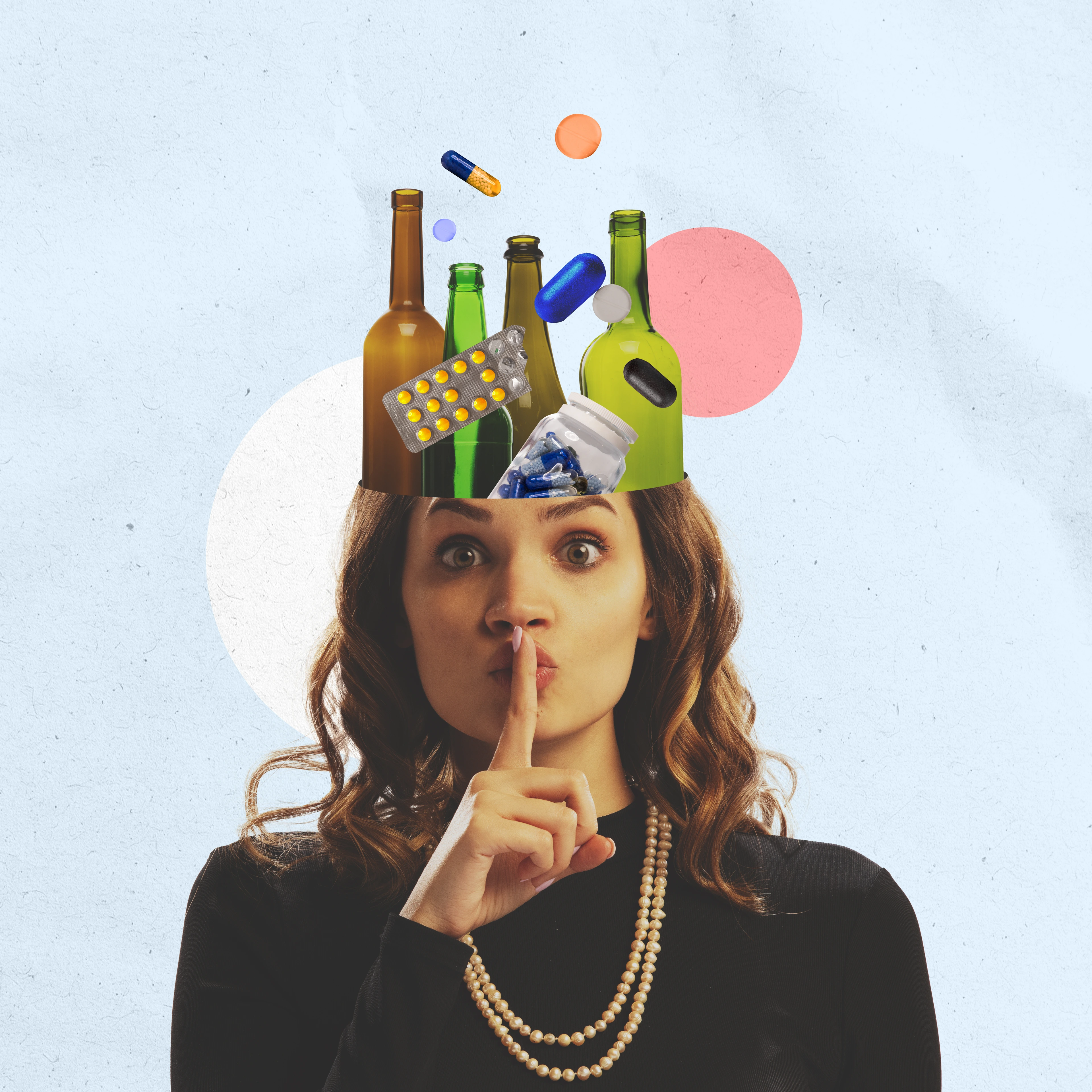 Stop bad habits. The abstract alcohol, falling tablets, pills. Artwork or creative collage, art design. Concept of healthcare, alcoholism, support, medical help, bad habit, drug addiction