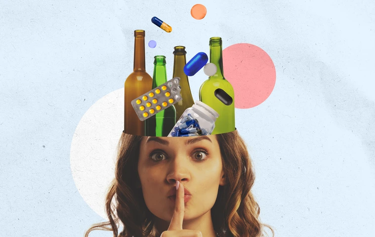 Stop bad habits. The abstract alcohol, falling tablets, pills. Artwork or creative collage, art design. Concept of healthcare, alcoholism, support, medical help, bad habit, drug addiction
