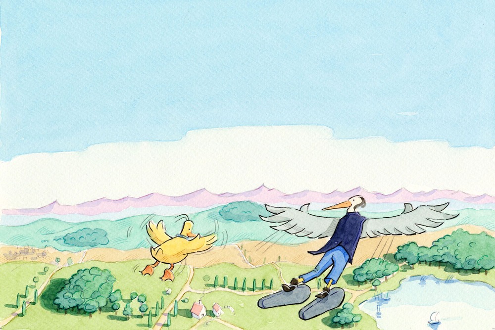 Illustration, Aquarell, Ente Merle fliegt zusammen mit Graureiher Nadim über eine Landschaft