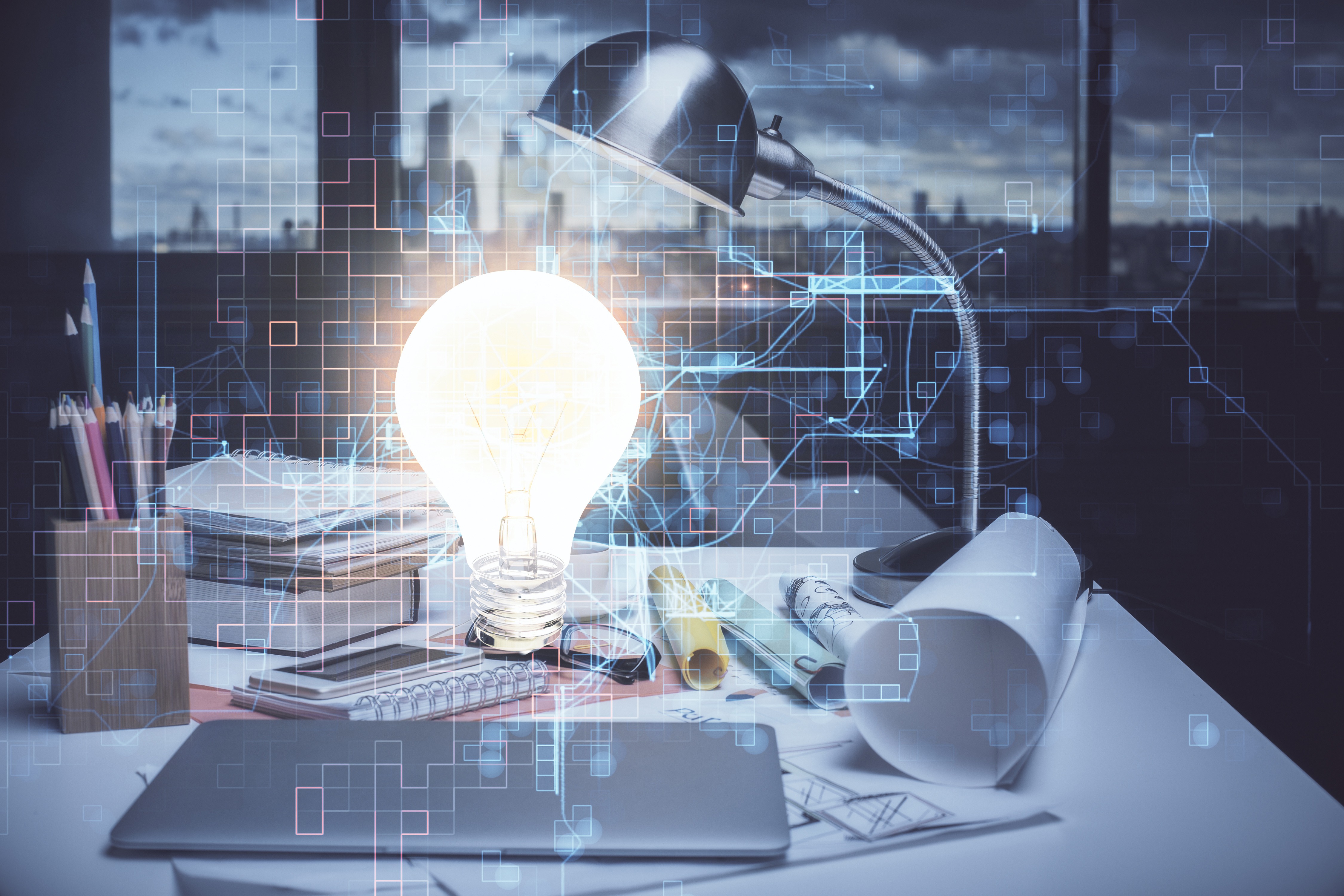 Double exposure of bulb and office interior background. Concept of idea.