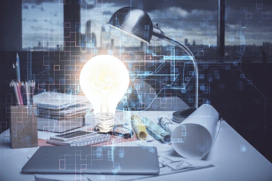 Double exposure of bulb and office interior background. Concept of idea.