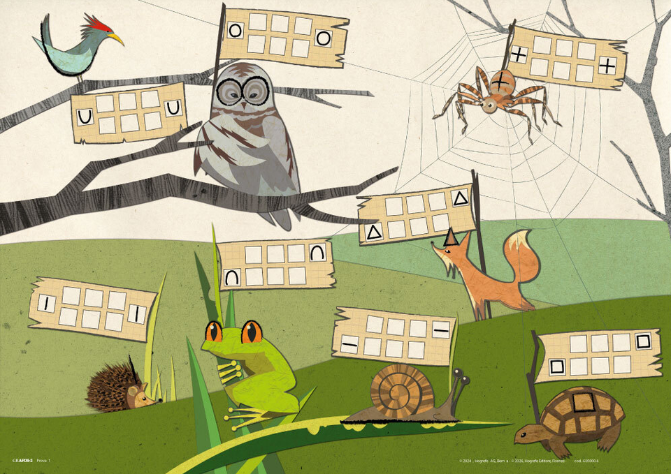 Illustrazione con animali del bosco e caselle vuote per lettere in un esercizio di associazione.
