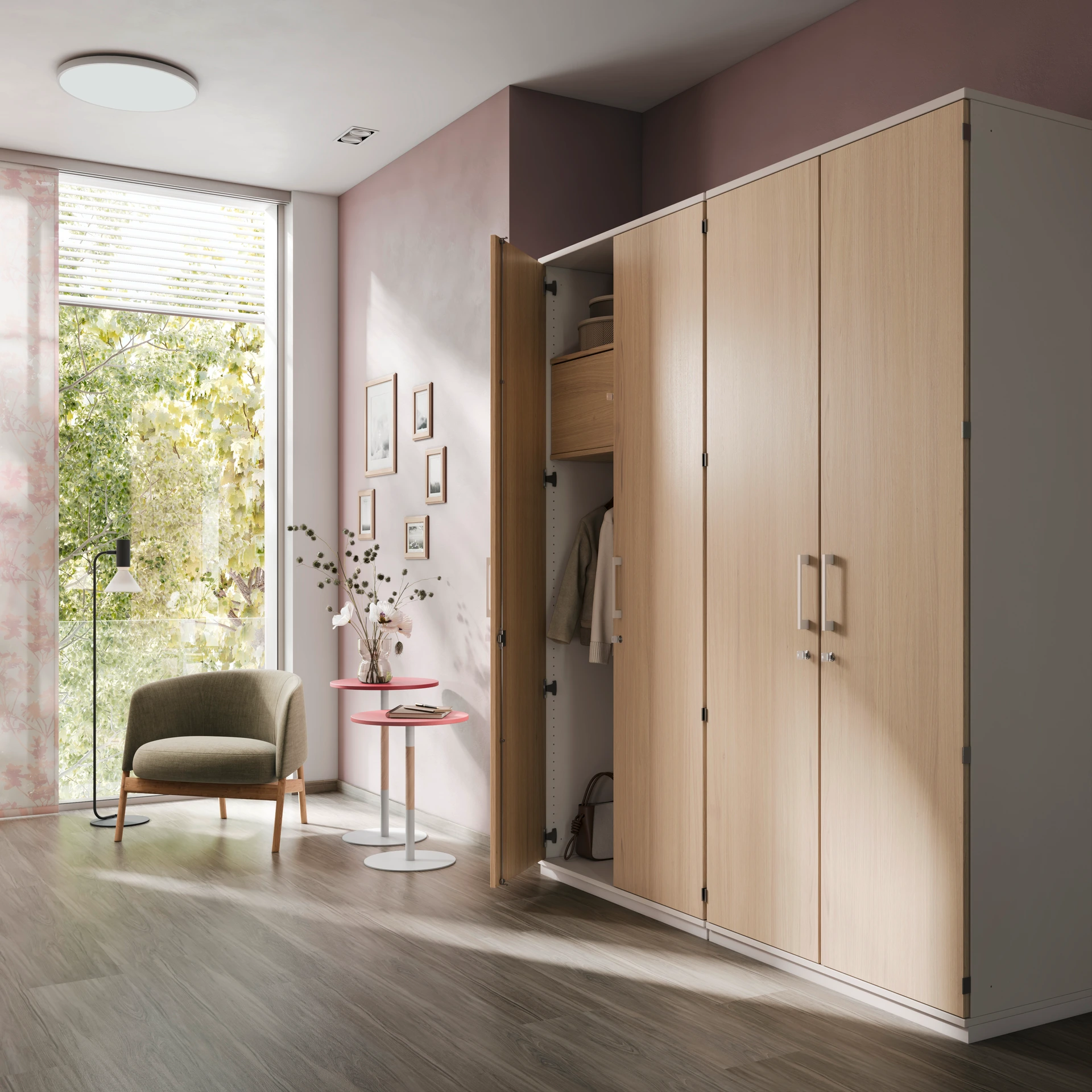 Care Pflegeheimzimmer Prisma 2 Schrank Eiche Natur Beistelltisch Rundholz