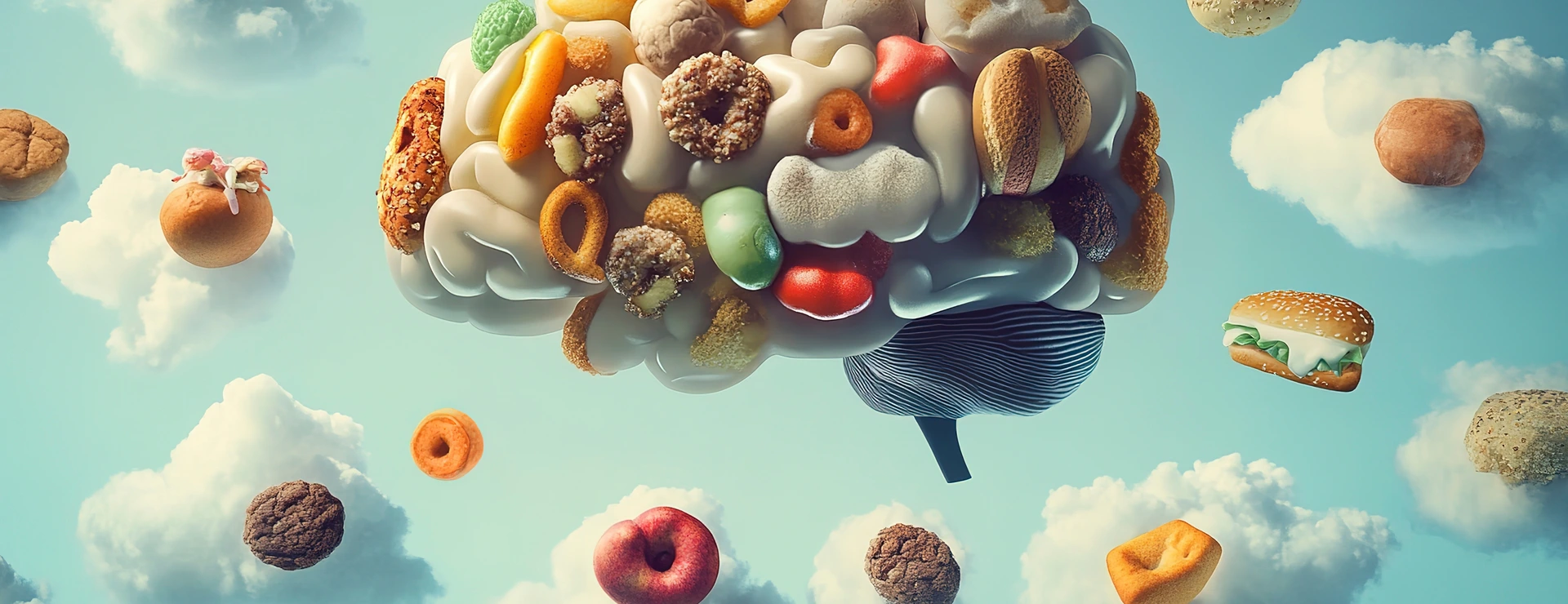 Brain illustration depicting addiction with clouds of junk food floating in a clear sky