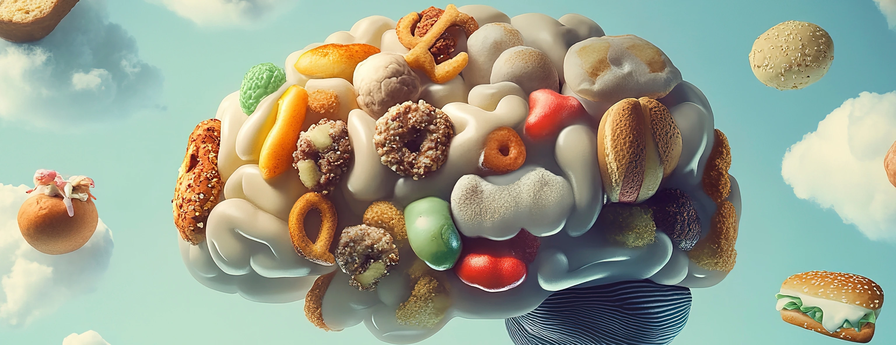 Brain illustration depicting addiction with clouds of junk food floating in a clear sky
