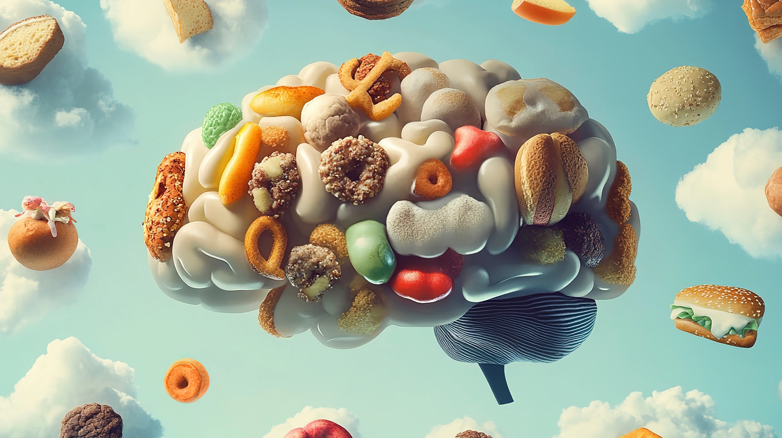 Brain illustration depicting addiction with clouds of junk food floating in a clear sky