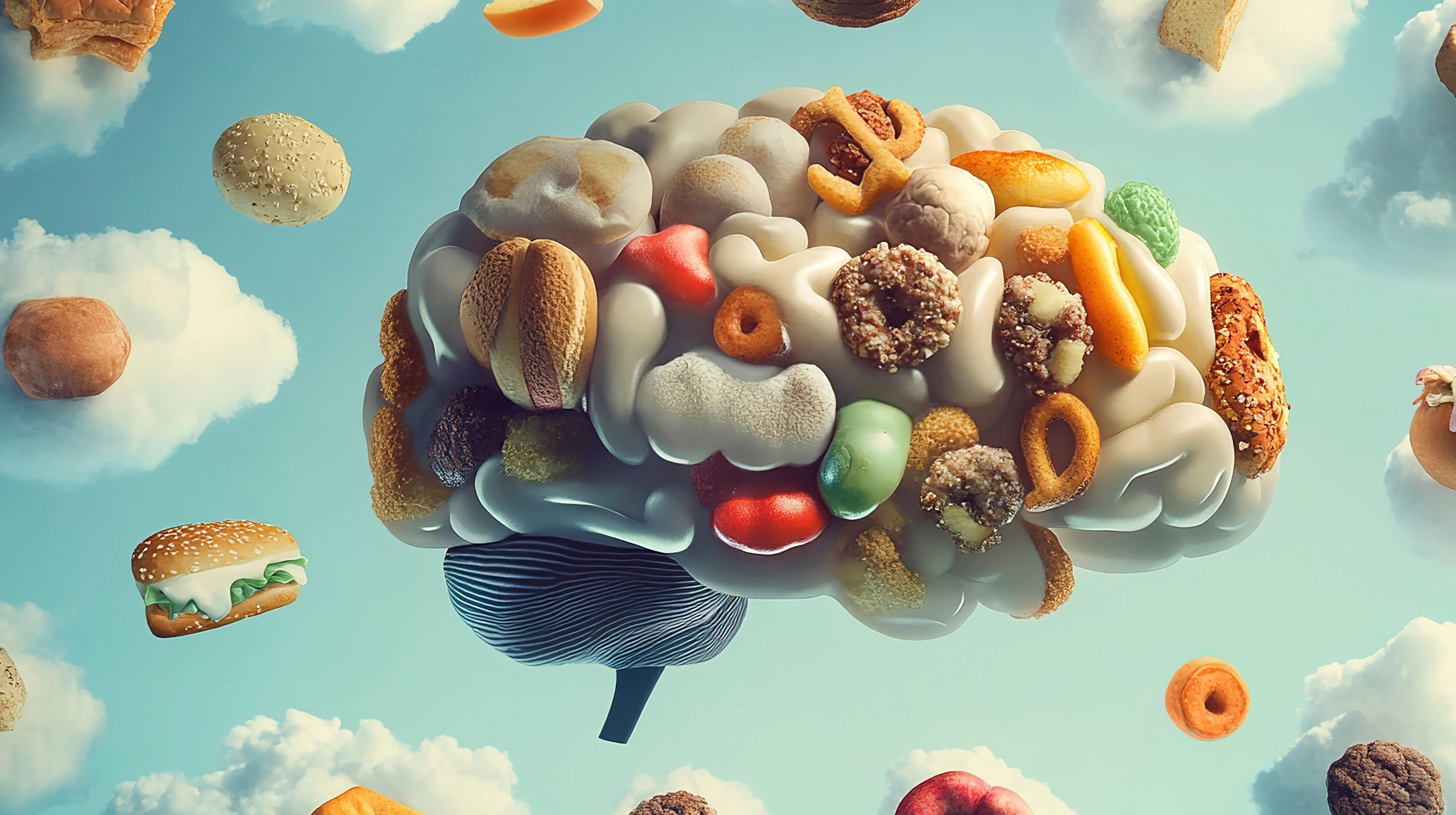 Brain illustration depicting addiction with clouds of junk food floating in a clear sky