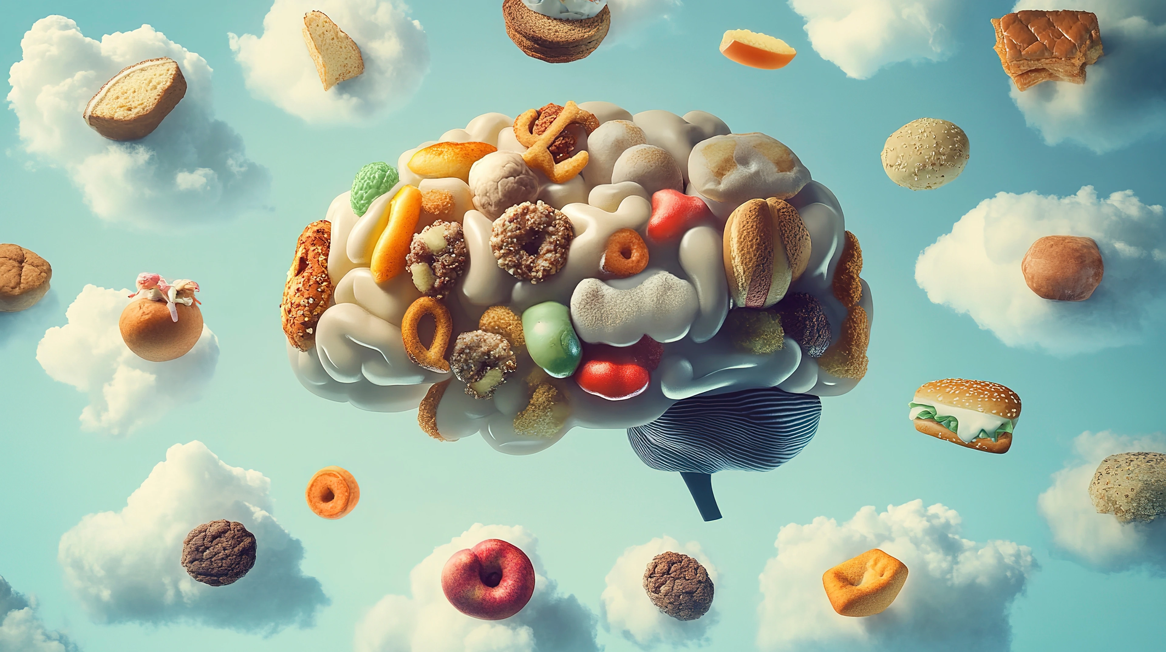 Brain illustration depicting addiction with clouds of junk food floating in a clear sky