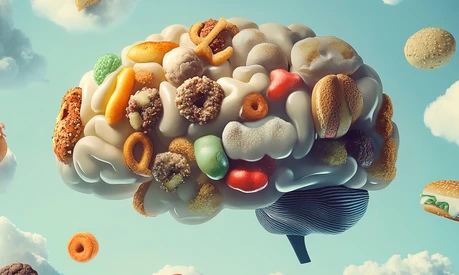Brain illustration depicting addiction with clouds of junk food floating in a clear sky