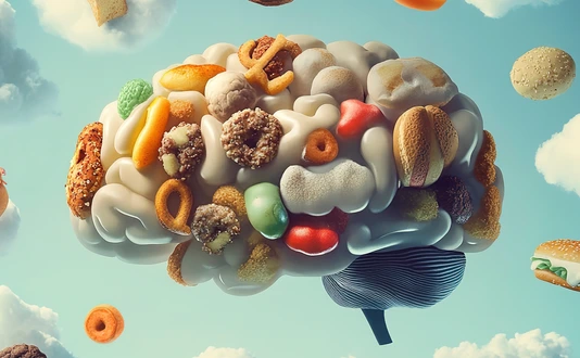 Brain illustration depicting addiction with clouds of junk food floating in a clear sky
