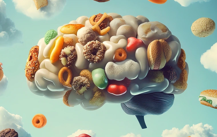 Brain illustration depicting addiction with clouds of junk food floating in a clear sky
