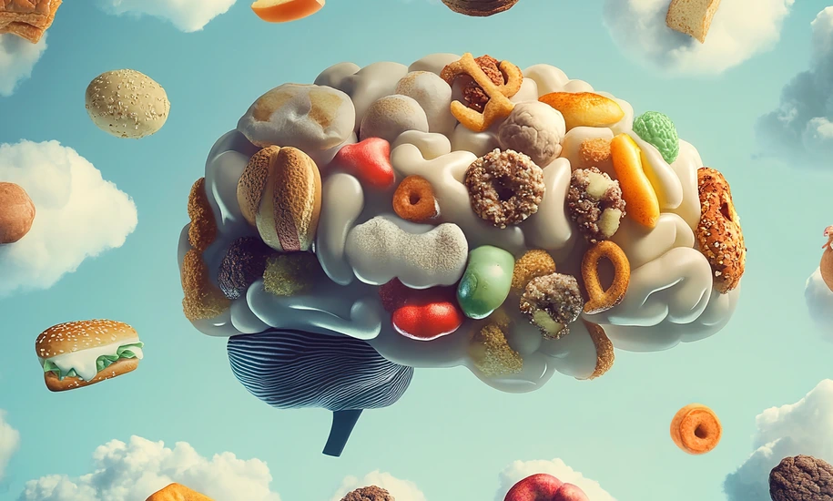 Brain illustration depicting addiction with clouds of junk food floating in a clear sky