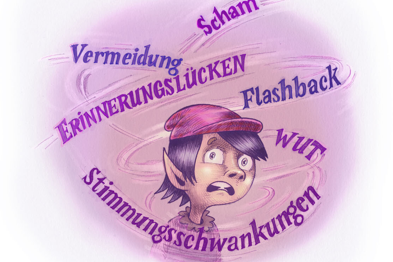 Illustration. Ein kleiner Elf schaut erschreckt und ist umgeben von Schrift, Wörter wie Scham, Vermeidung, Erinnerungslücken stellen Symptome eines Traumas dar.