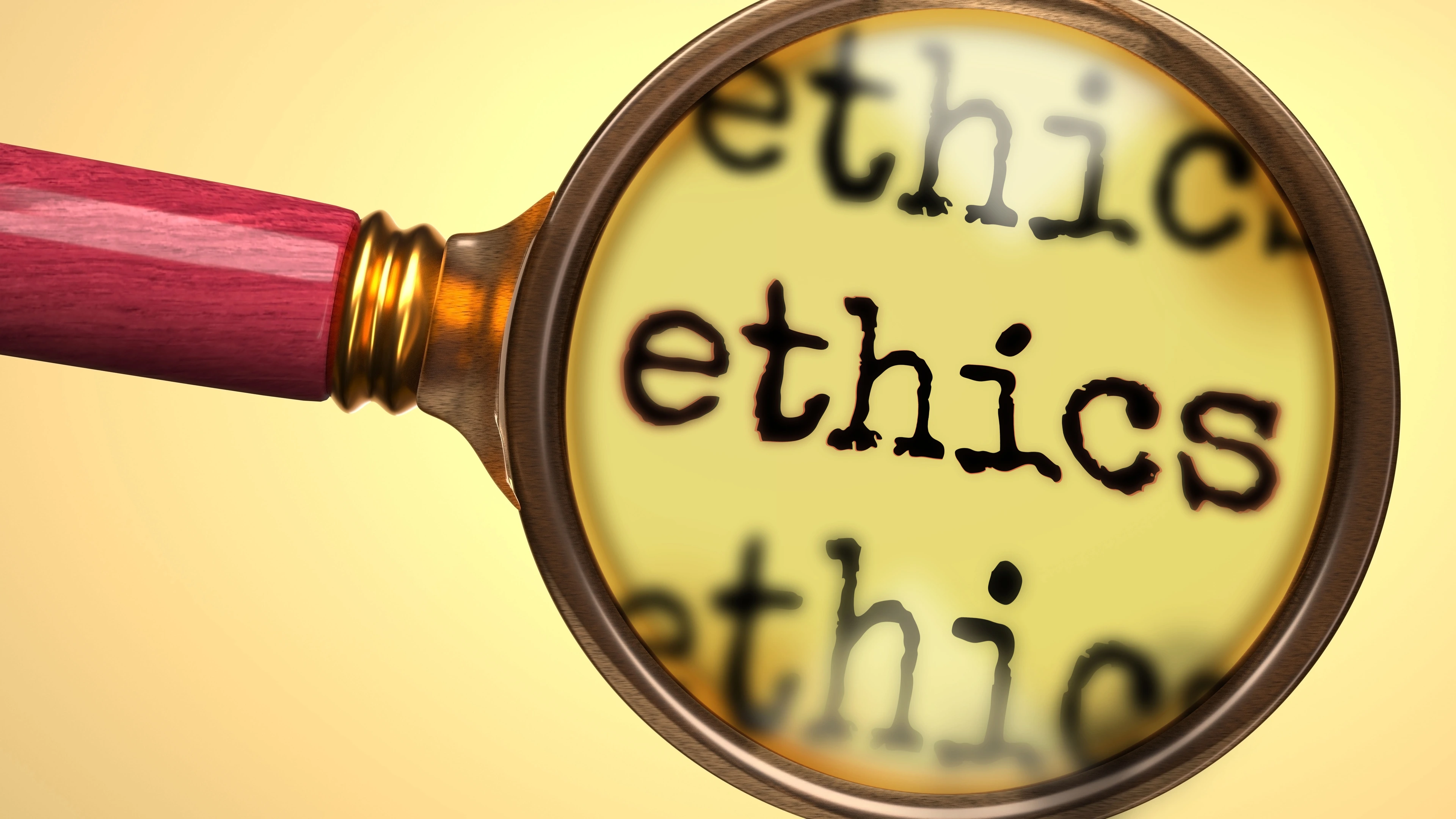Examine and study ethics, showed as a magnify glass and word ethics to symbolize process of analyzing, exploring, learning and taking a closer look at ethics, 3d illustration