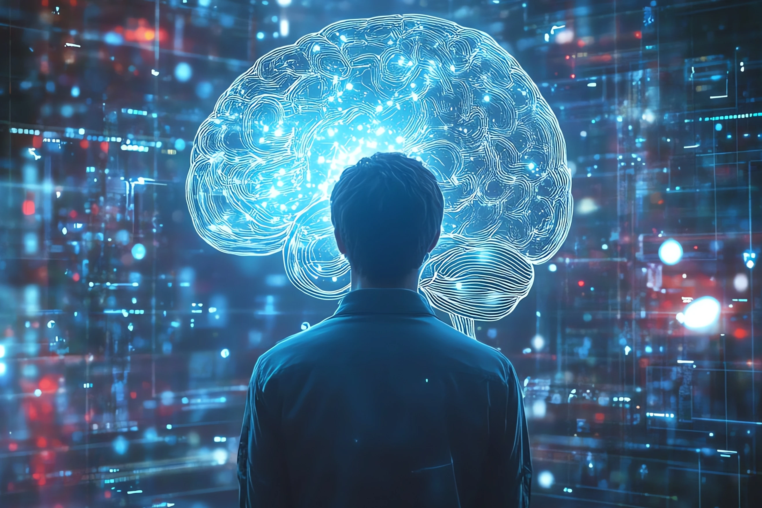 Digital brain interface activated by a man, highlighting the connection between human cognitive abilities and artificial intelligence in a hightech, futuristic environment
