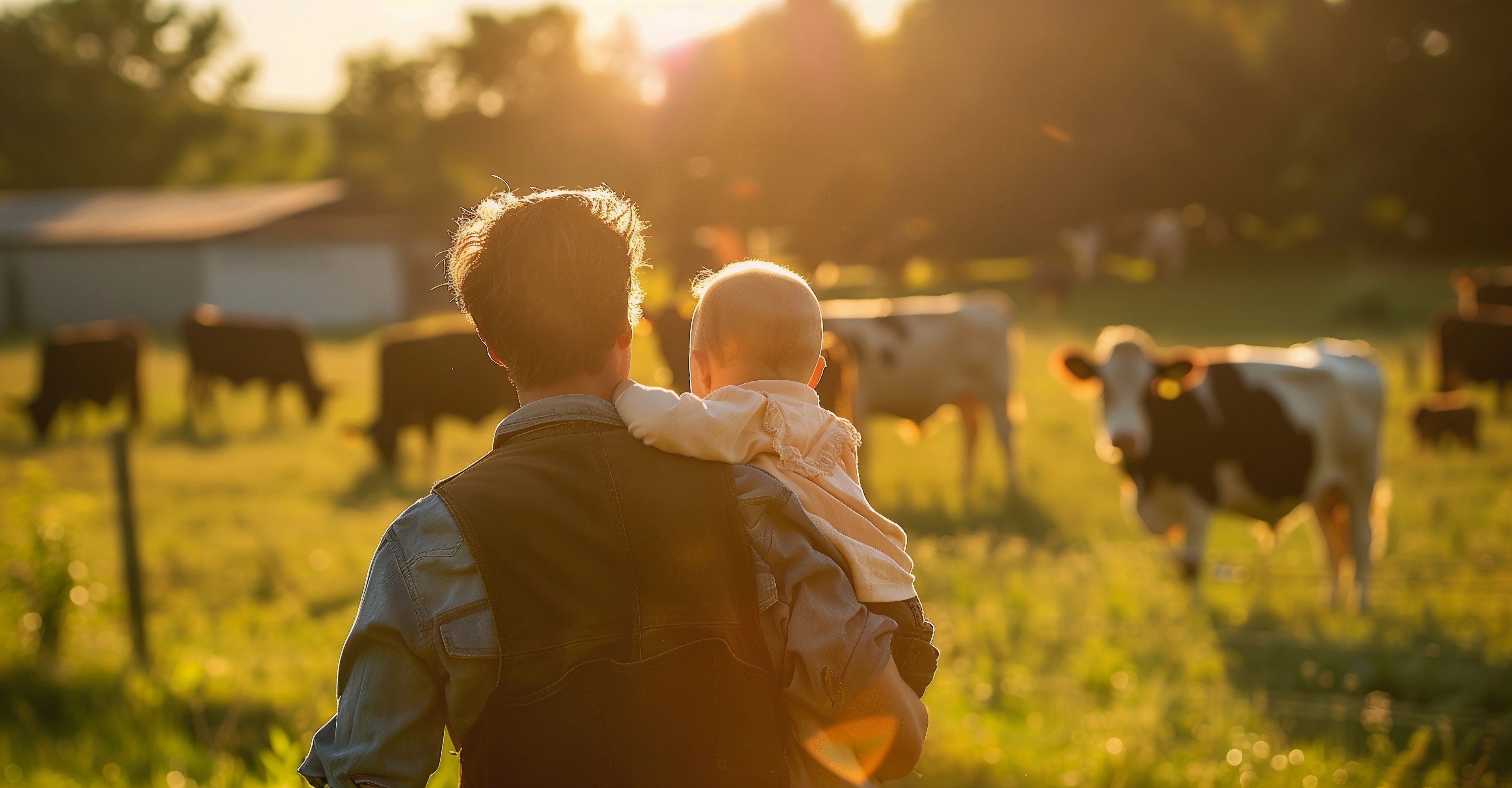 A father holds a small child in his arms in a field with cows. The concept of farming with copy space.