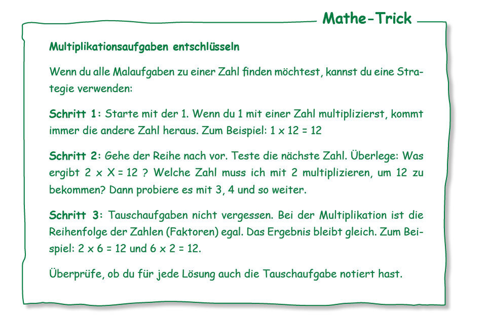 Ein Kasten mit einer Beschreibung eines Mathetricks zum Lösen von Multiplikationsaufgaben