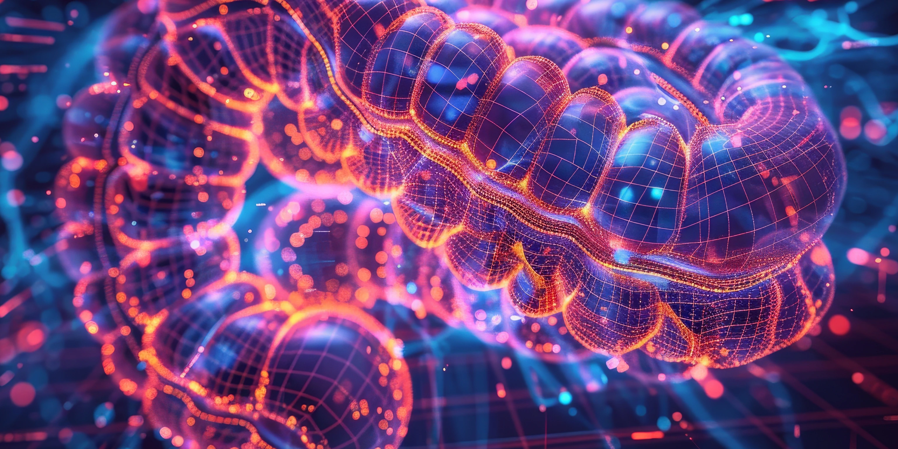 A magnified view of the large intestine's surface, showing its muscular wall and fatty tissue