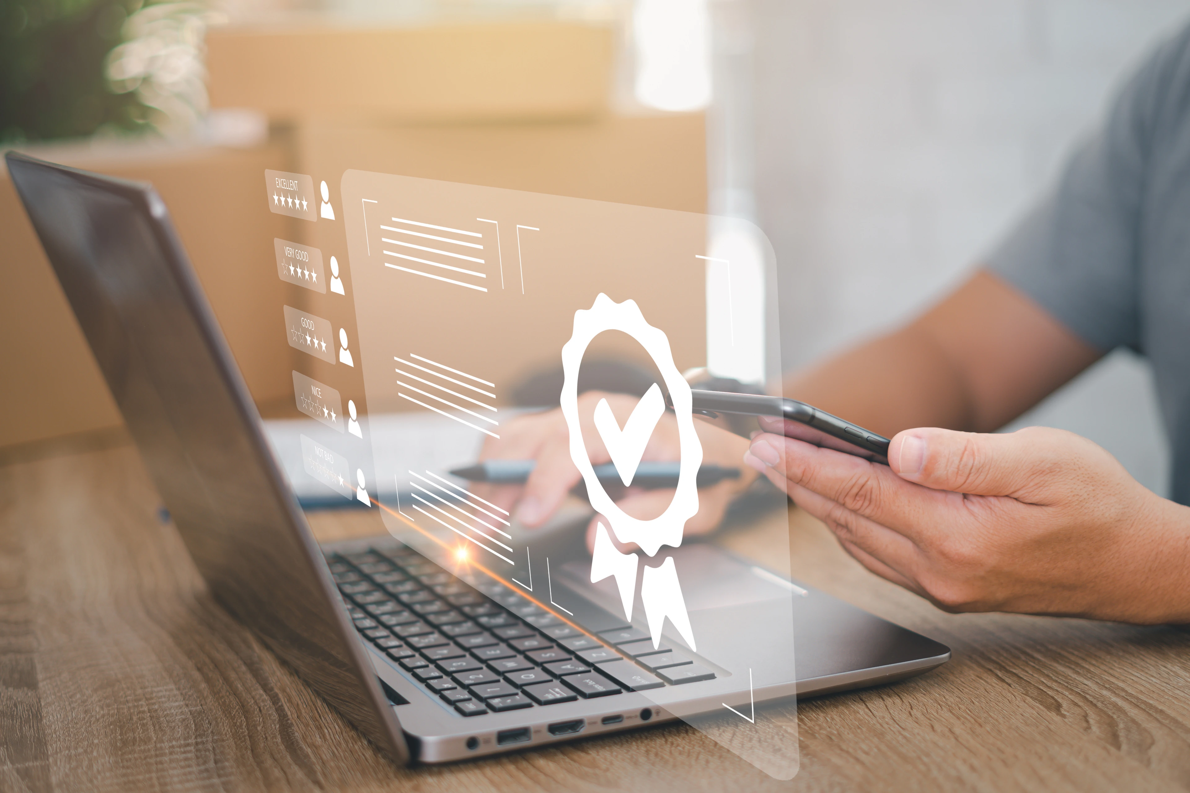 Customer rating to service experience and Warranty for parcel delivery online application ,A man checking the satisfaction of the customers with the parcel delivery service in smartphone in office