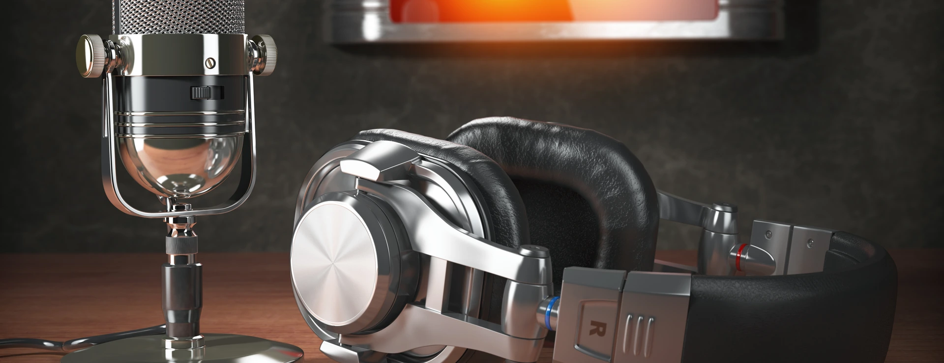 Vintage microphone  and headphones with signboard on air