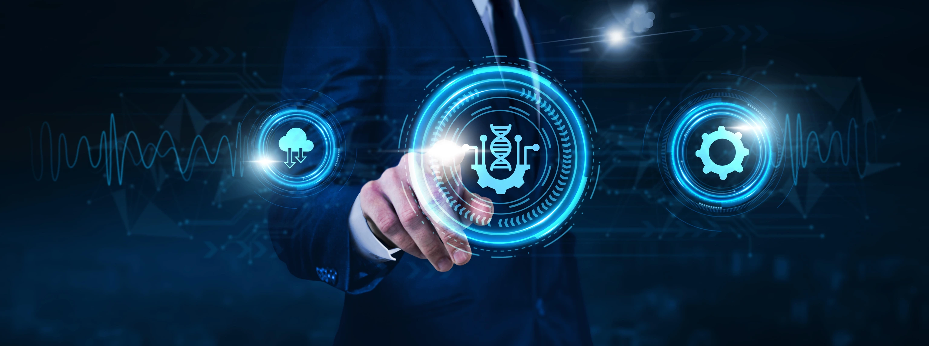 Businessman touch of DNA icon Data exchange on digital network connection, molecular biology, agricultural biotechnology.