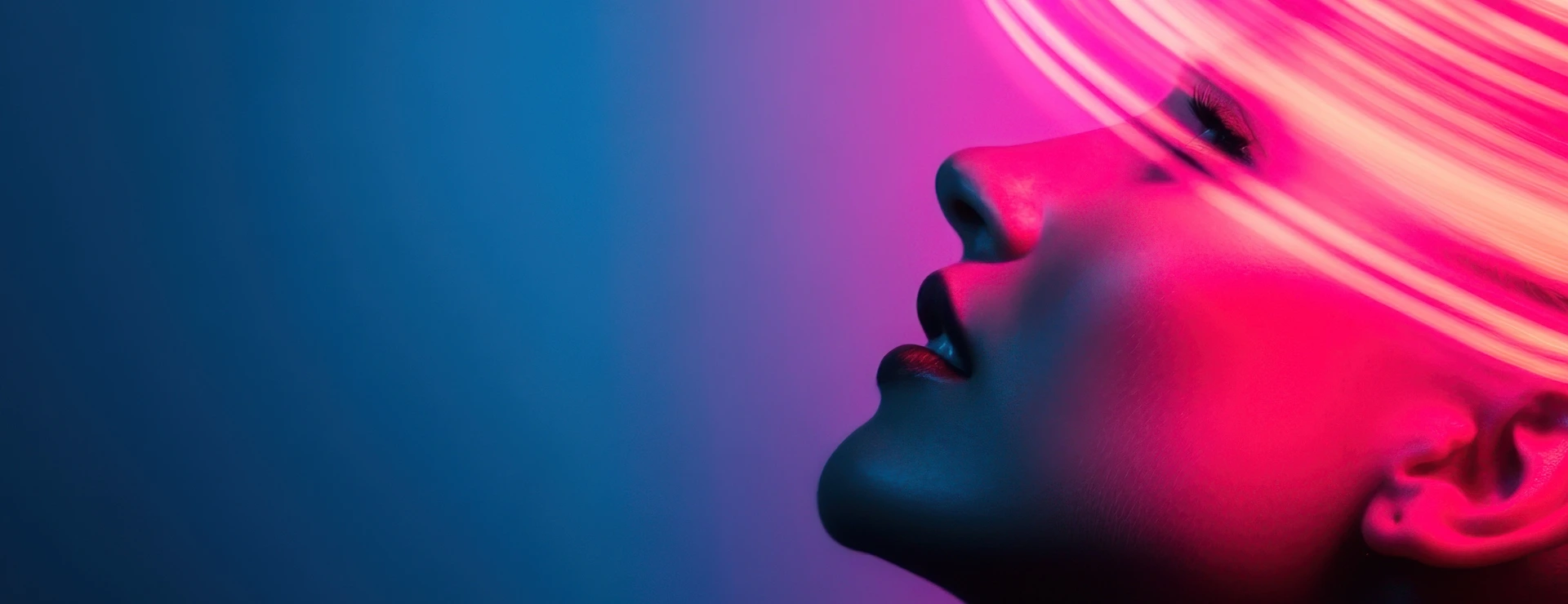 Woman posing under neon lights with blue and purple background
