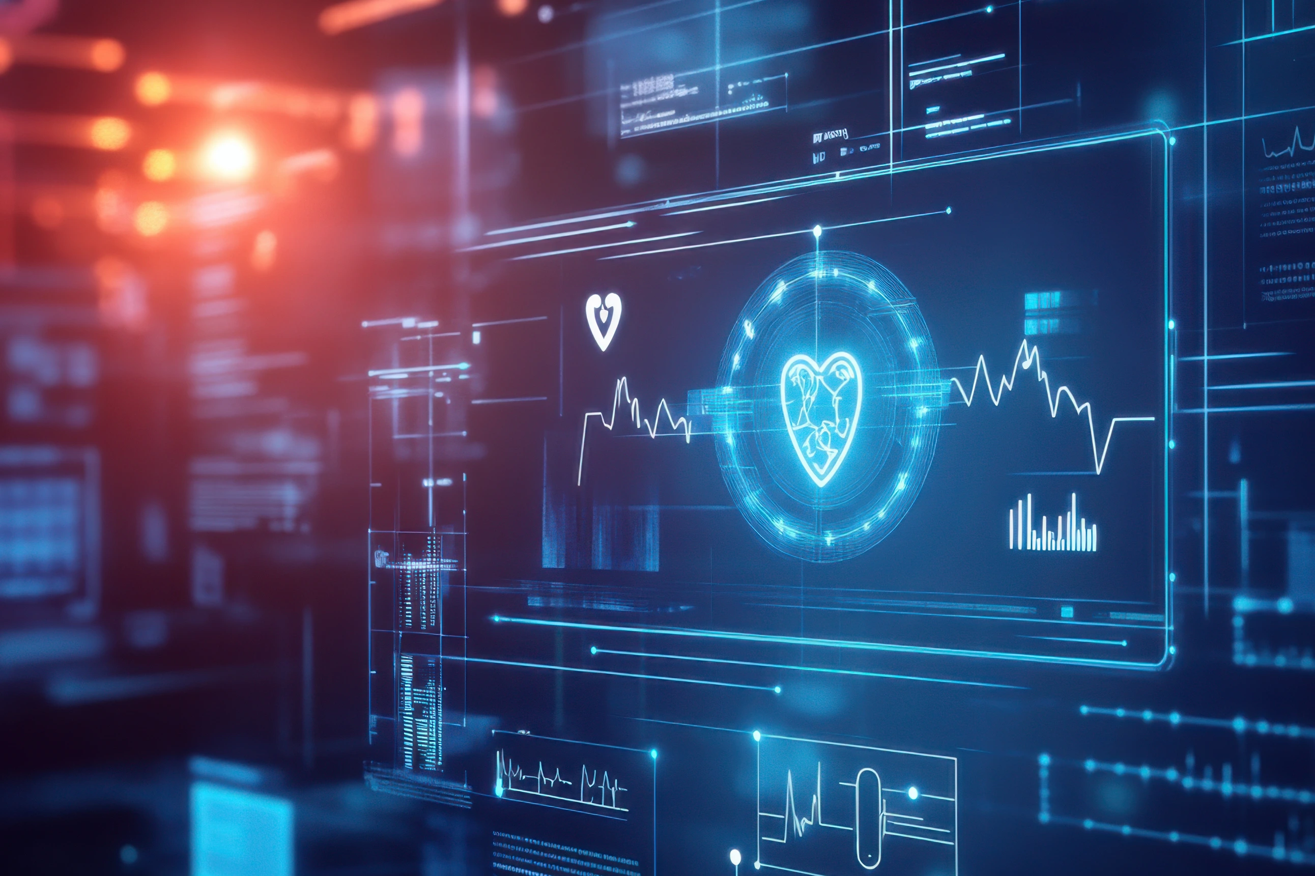 An AI powered system automating remote patient monitoring by analyzing real time health data and vital signs, futuristic AI-driven healthcare platform