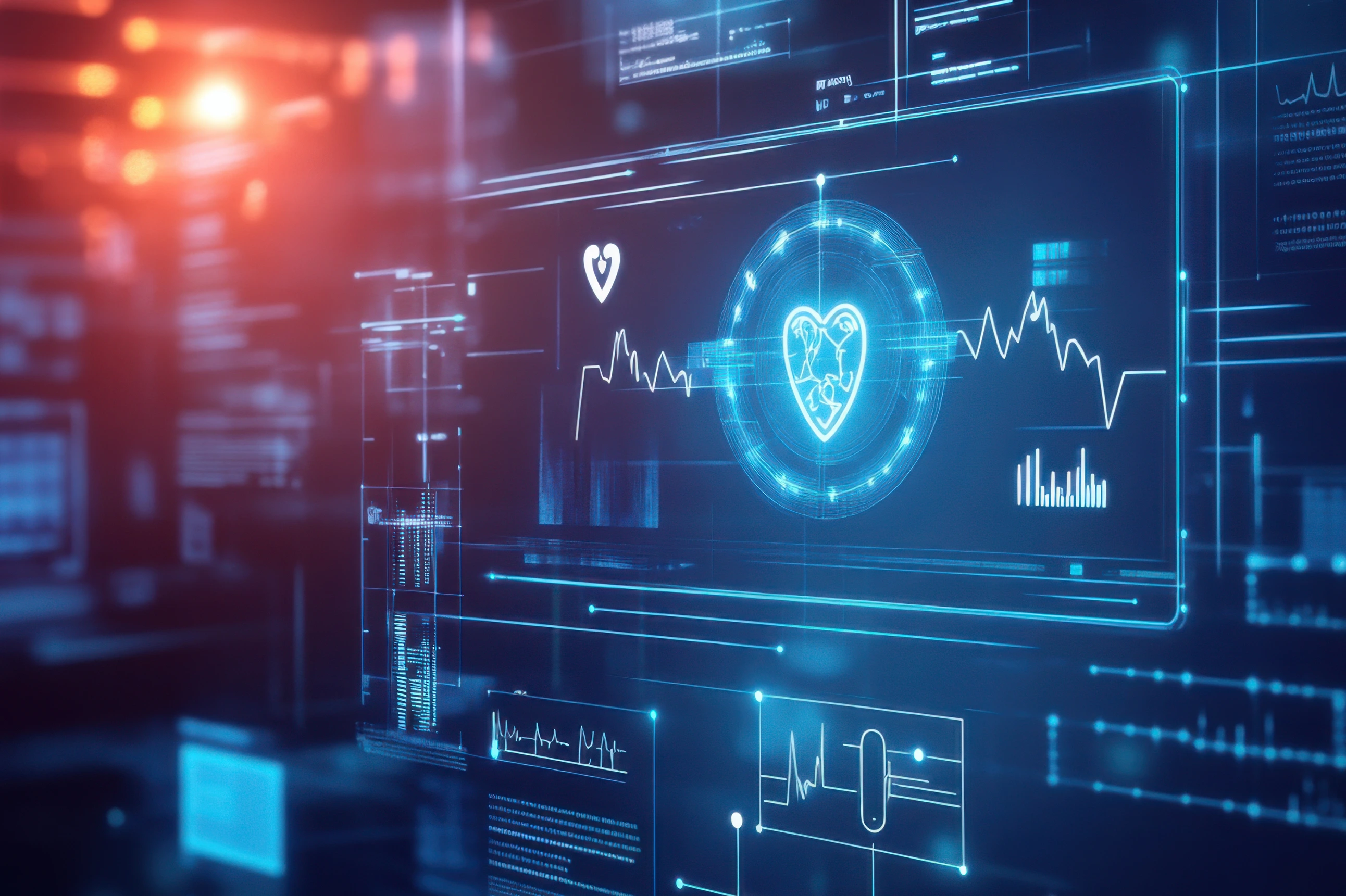 An AI powered system automating remote patient monitoring by analyzing real time health data and vital signs, futuristic AI-driven healthcare platform