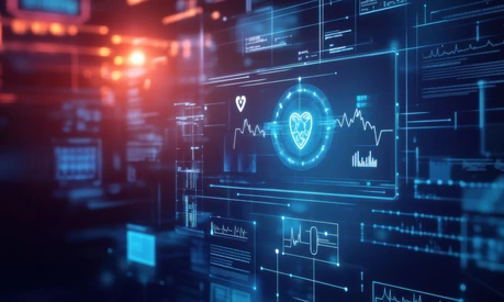 An AI powered system automating remote patient monitoring by analyzing real time health data and vital signs, futuristic AI-driven healthcare platform