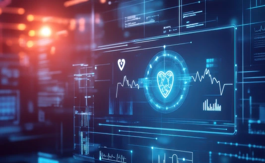 An AI powered system automating remote patient monitoring by analyzing real time health data and vital signs, futuristic AI-driven healthcare platform