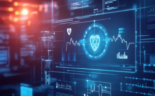 An AI powered system automating remote patient monitoring by analyzing real time health data and vital signs, futuristic AI-driven healthcare platform