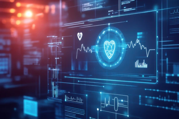 An AI powered system automating remote patient monitoring by analyzing real time health data and vital signs, futuristic AI-driven healthcare platform