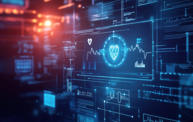 An AI powered system automating remote patient monitoring by analyzing real time health data and vital signs, futuristic AI-driven healthcare platform