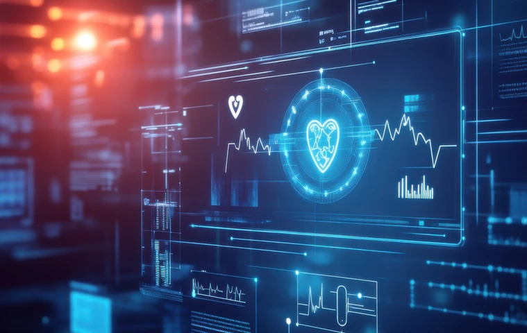An AI powered system automating remote patient monitoring by analyzing real time health data and vital signs, futuristic AI-driven healthcare platform
