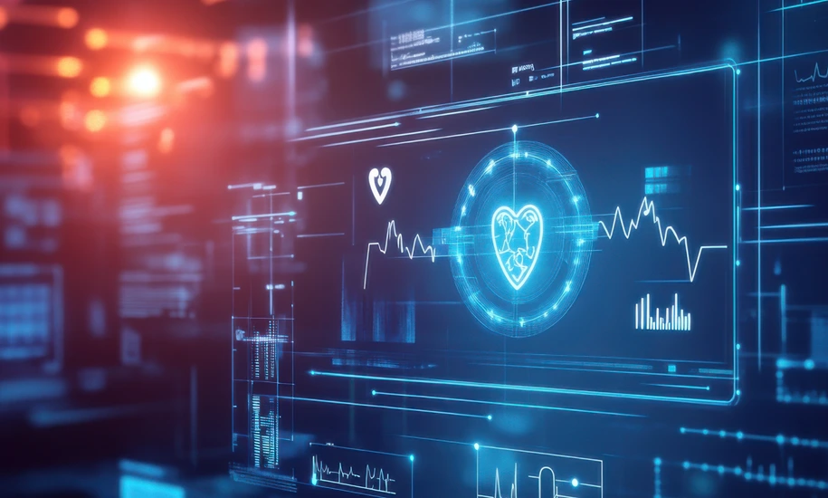 An AI powered system automating remote patient monitoring by analyzing real time health data and vital signs, futuristic AI-driven healthcare platform