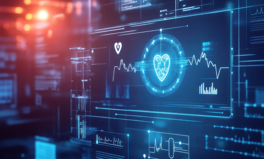 An AI powered system automating remote patient monitoring by analyzing real time health data and vital signs, futuristic AI-driven healthcare platform