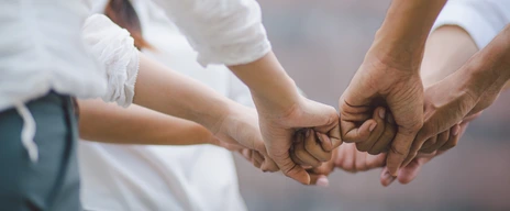 Panoramic teamwork business join hand together concept, Business team standing hands together, Volunteer charity work. People joining for cooperation success business.