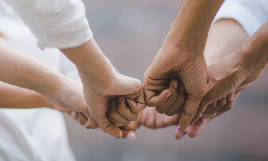 Panoramic teamwork business join hand together concept, Business team standing hands together, Volunteer charity work. People joining for cooperation success business.