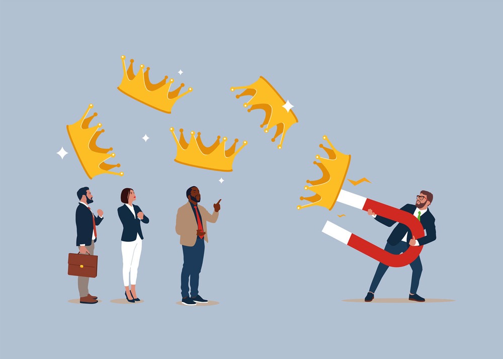 Illustration, die einen Mann im Anzug zeigt, der mit einem großen Magneten große Kronen anzieht. Andere Personen schauen zu und gehen leer aus.
