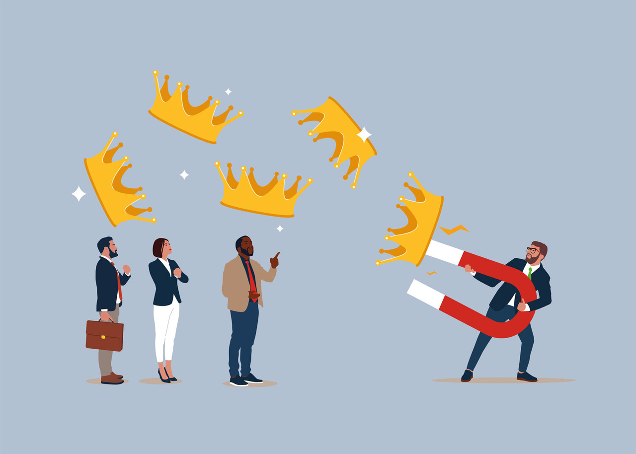 Illustration, die einen Mann im Anzug zeigt, der mit einem großen Magneten große Kronen anzieht. Andere Personen schauen zu und gehen leer aus.