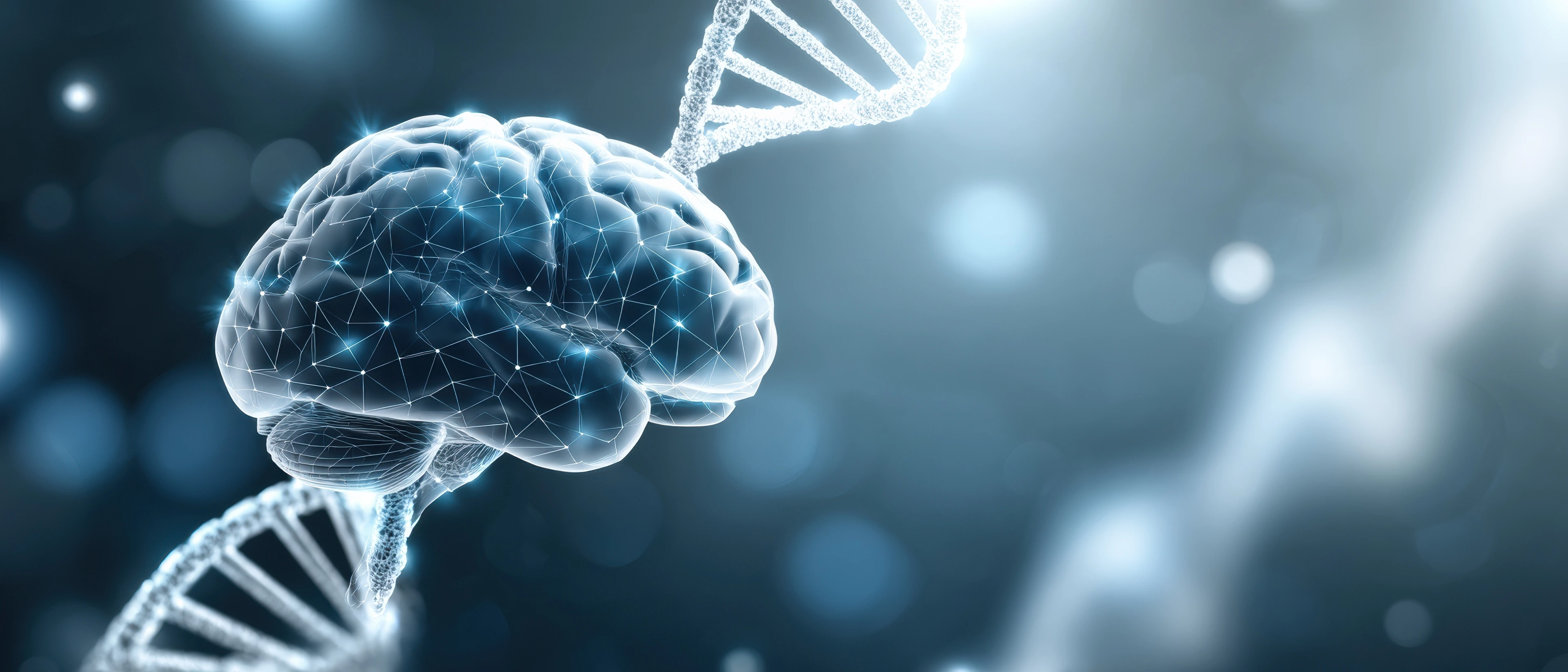 A digital brain and DNA strand, symbolizing the connection between genetics and neuroscience, on a blue abstract background.