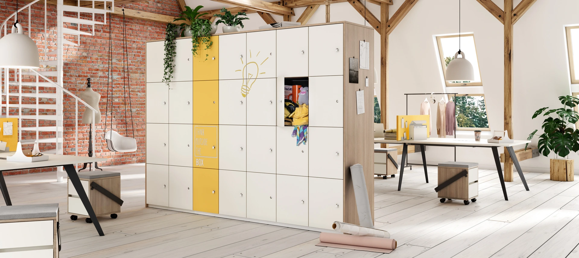 Helles Loft-Büro mit modularer PALMBERG-Schrankwand, gelbes Fach mit Schrift THINK OUTSIDE THE BOX