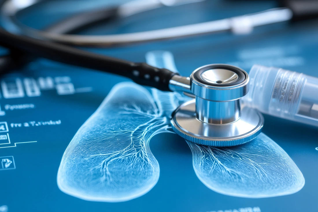 Stethoscope examining lungs radiography in medical office: healthcare and respiratory disease concept