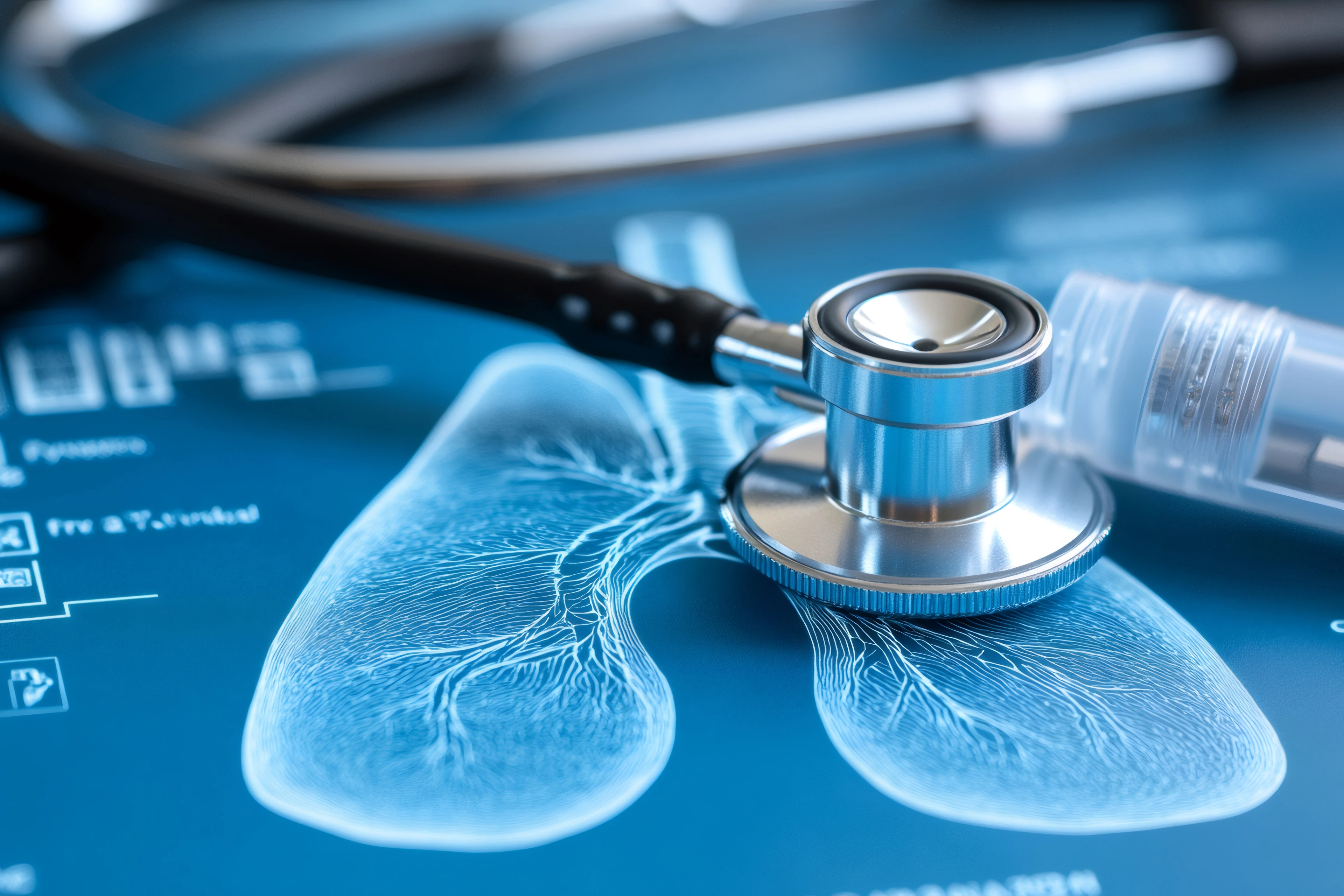 Stethoscope examining lungs radiography in medical office: healthcare and respiratory disease concept