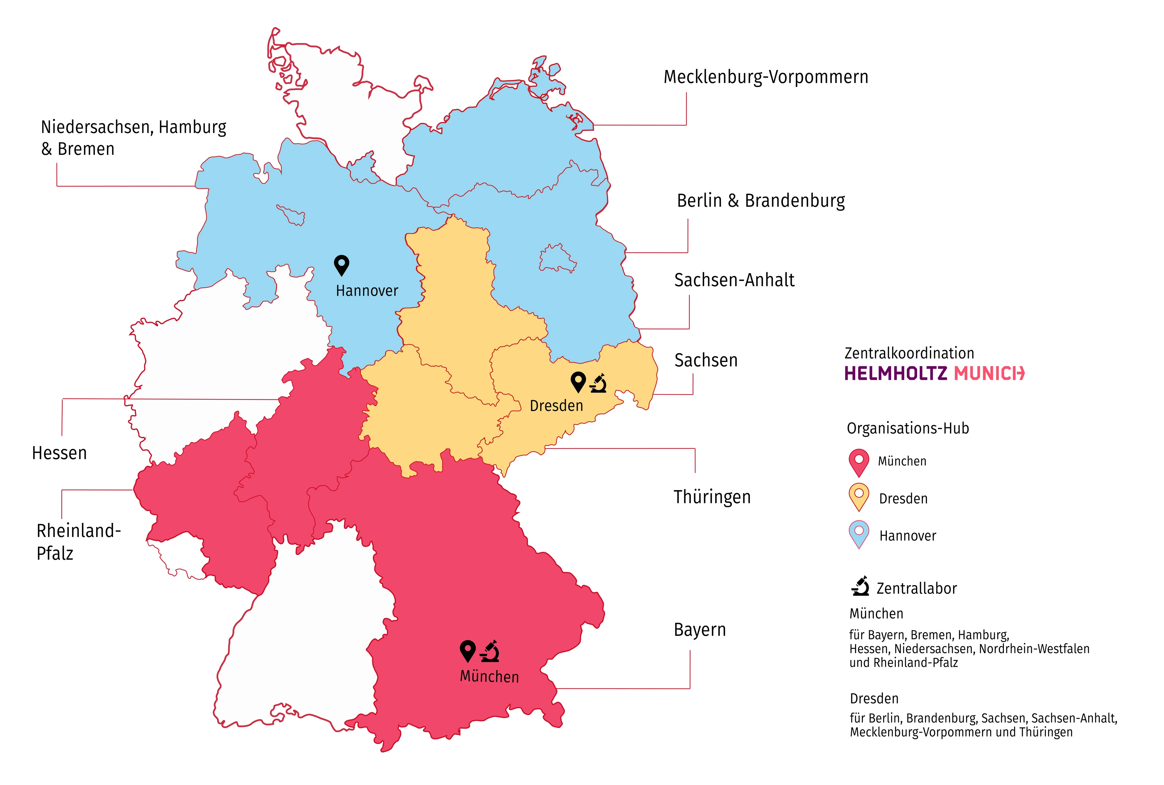 Deutschlandkarte mit Bundsländern, die an der Fr1da-Studie teilnehmen farbig hervorgehoben