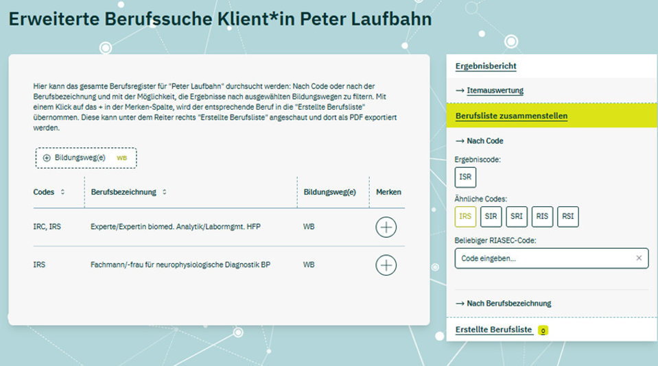 Screenshot der Berufscodesuche im explorix®-2 Fachpersonenportal