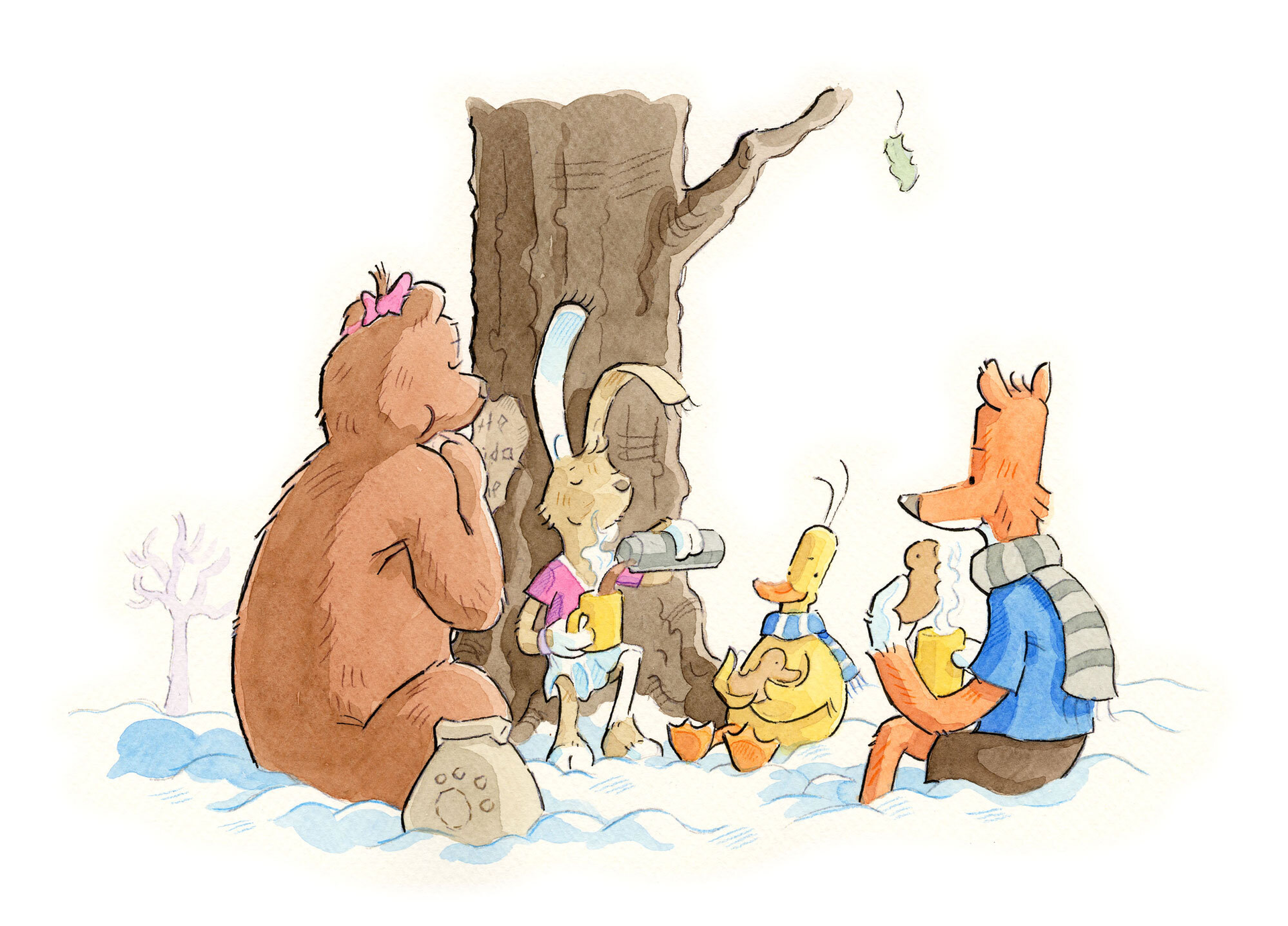 Illustration, Aquarell, Ente Merle, Hase Lotte, Fuchs Jaron und Bärin sitzen zufrieden unter einem Baum und machen Picknick 
