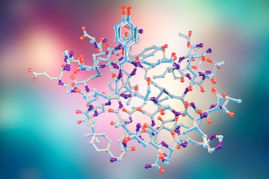 Molecular model of insulin molecule, 3D illustration