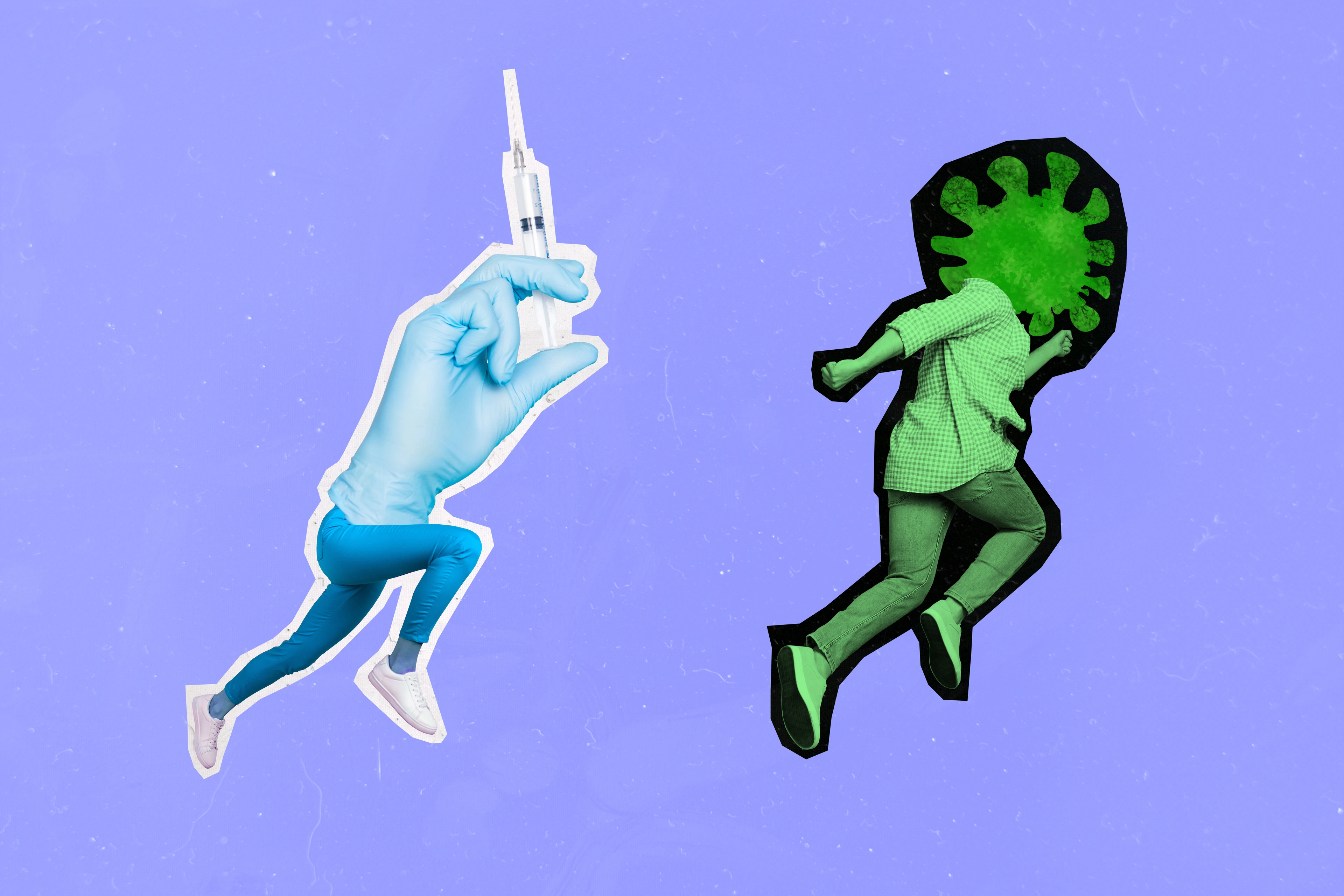 Creative photo 3d collage poster picture artwork sketch of two weird people invention vaccine antibody isolated on drawing background