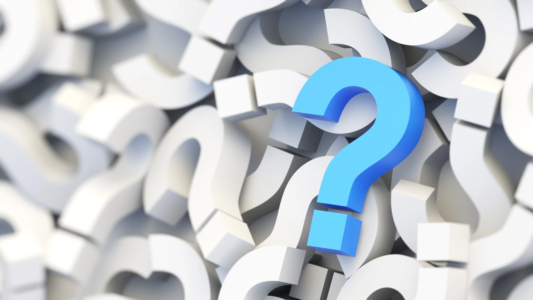 Blue question mark on a background of white signs. 3D Rendering